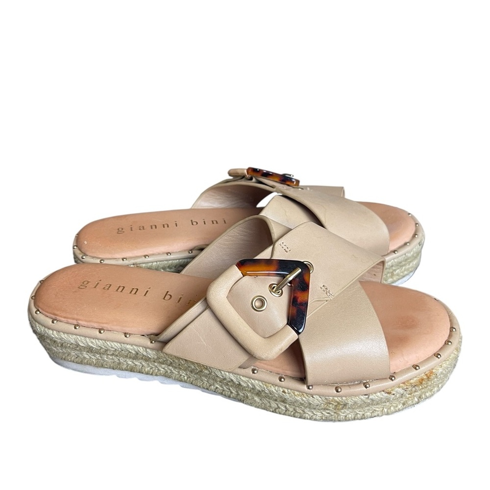 Gianni Bini Beige Espadrille Slide Sandals with Tortoiseshell Buckle